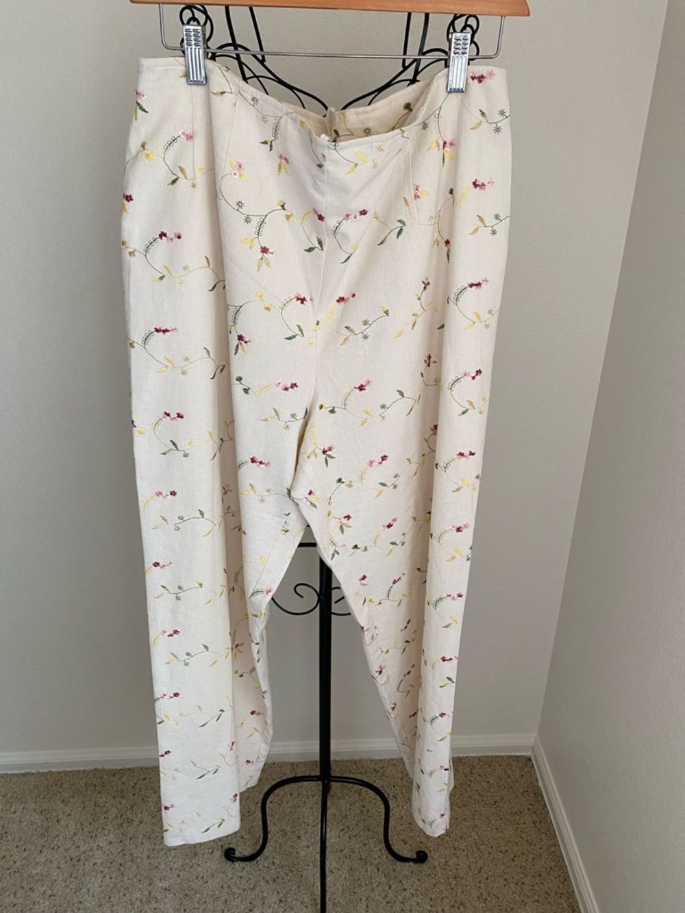 Sheri Martin Cream Trousers with Green Floral Detail